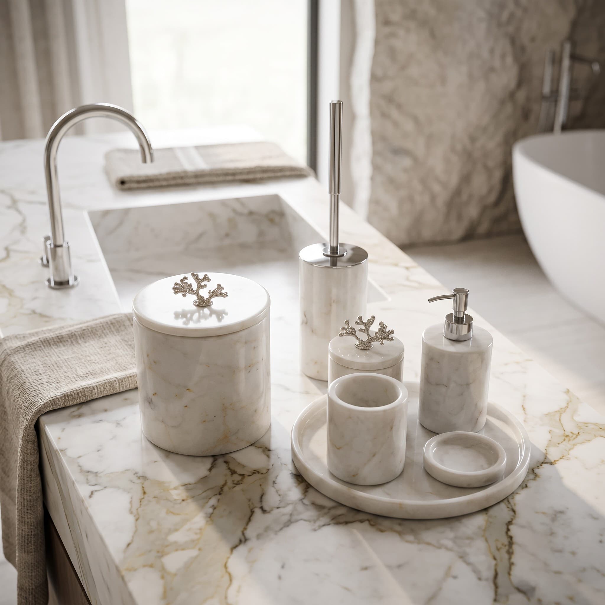 Afyon White Marble 7-Piece Coral Bath Set