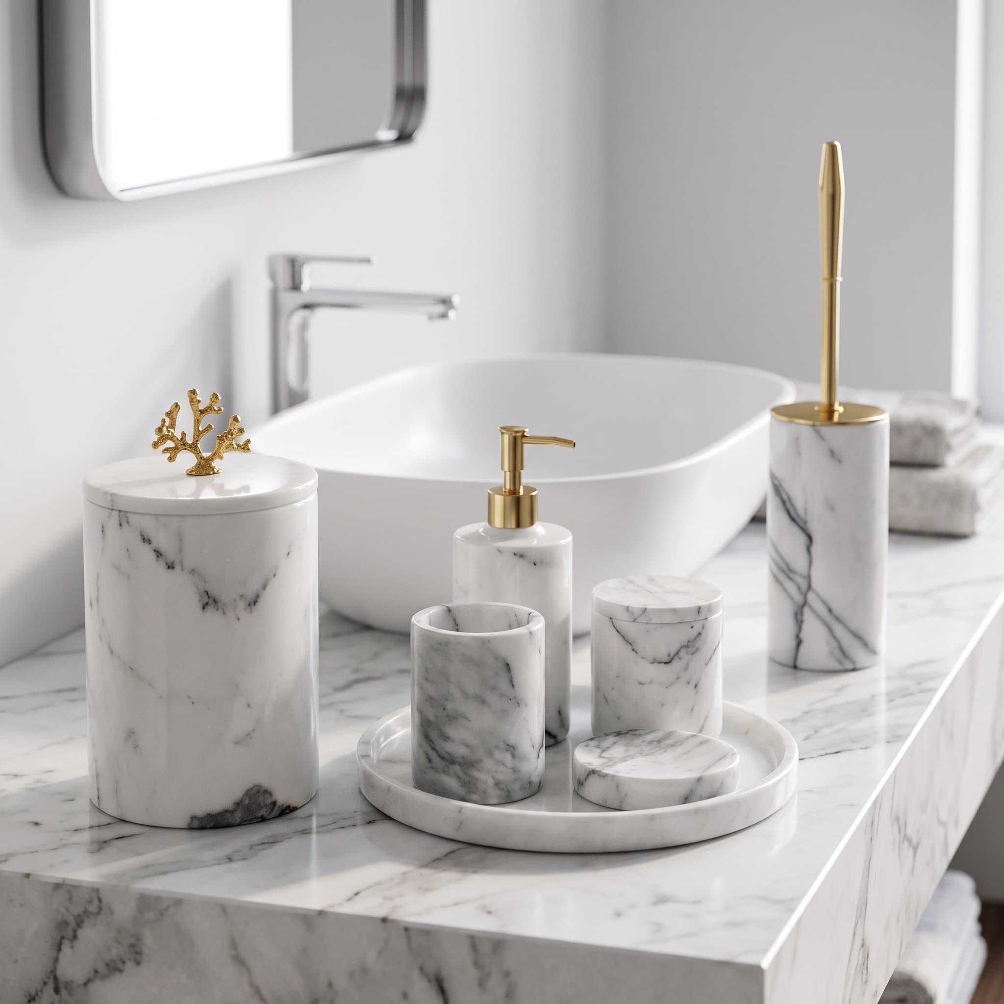 Carrara White Marble 7-Piece Coral Bath Set