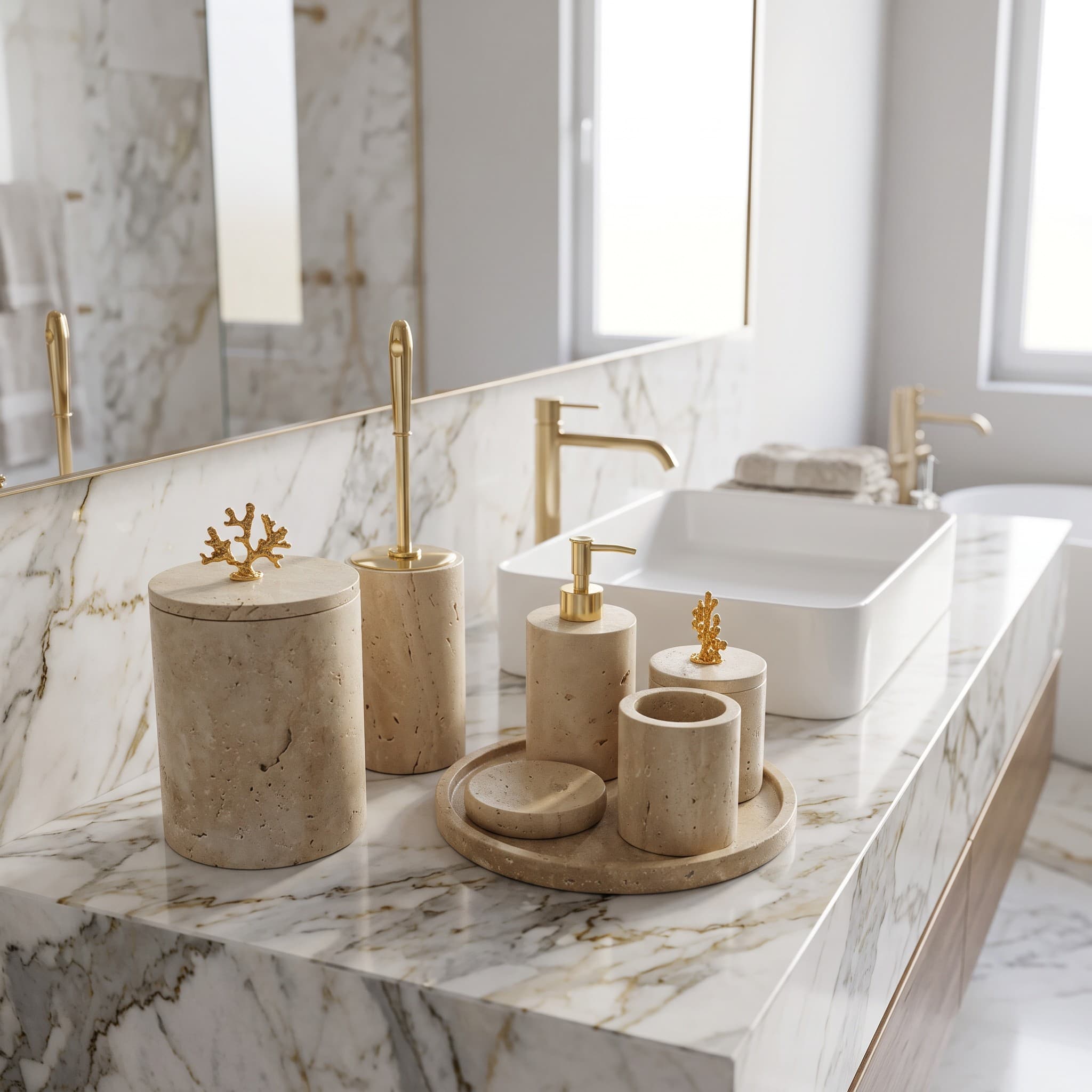 Ivory Travertine 7-Piece Coral Bath Set