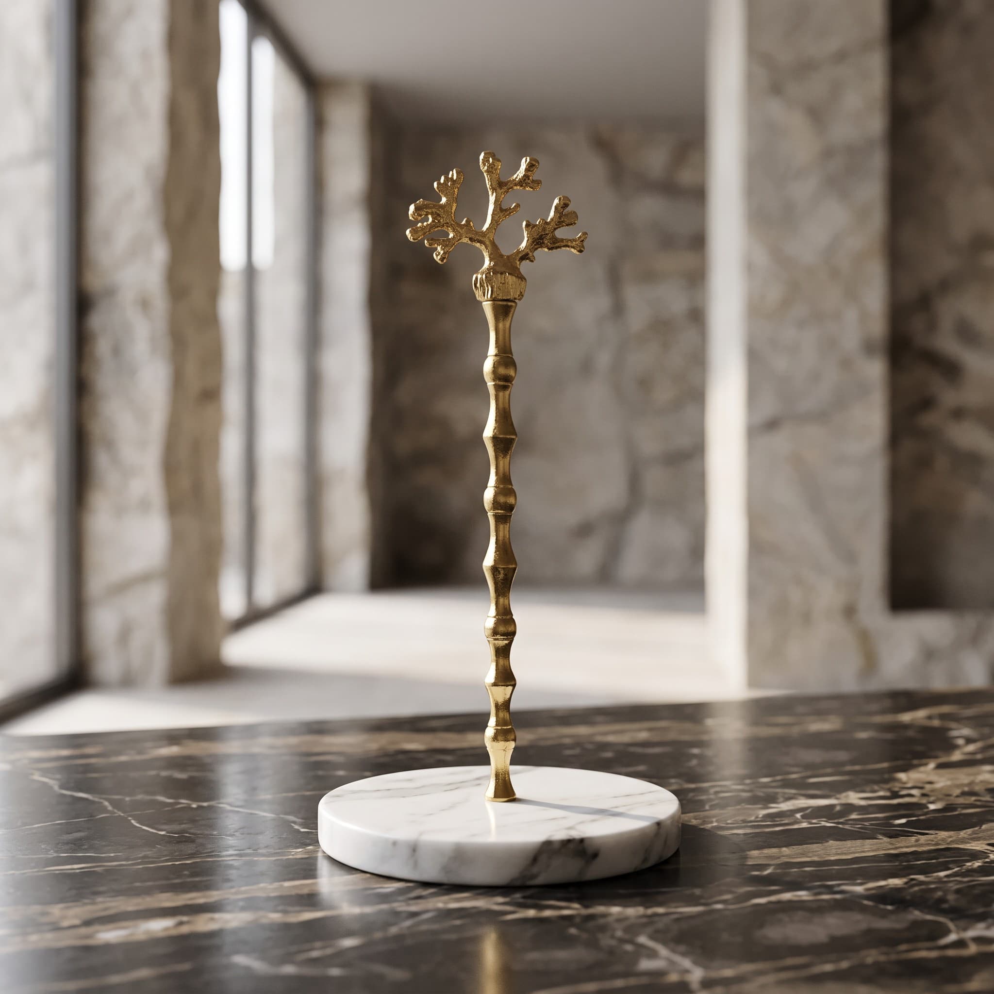 Brass Coral Jewelry Stand on Marble Base