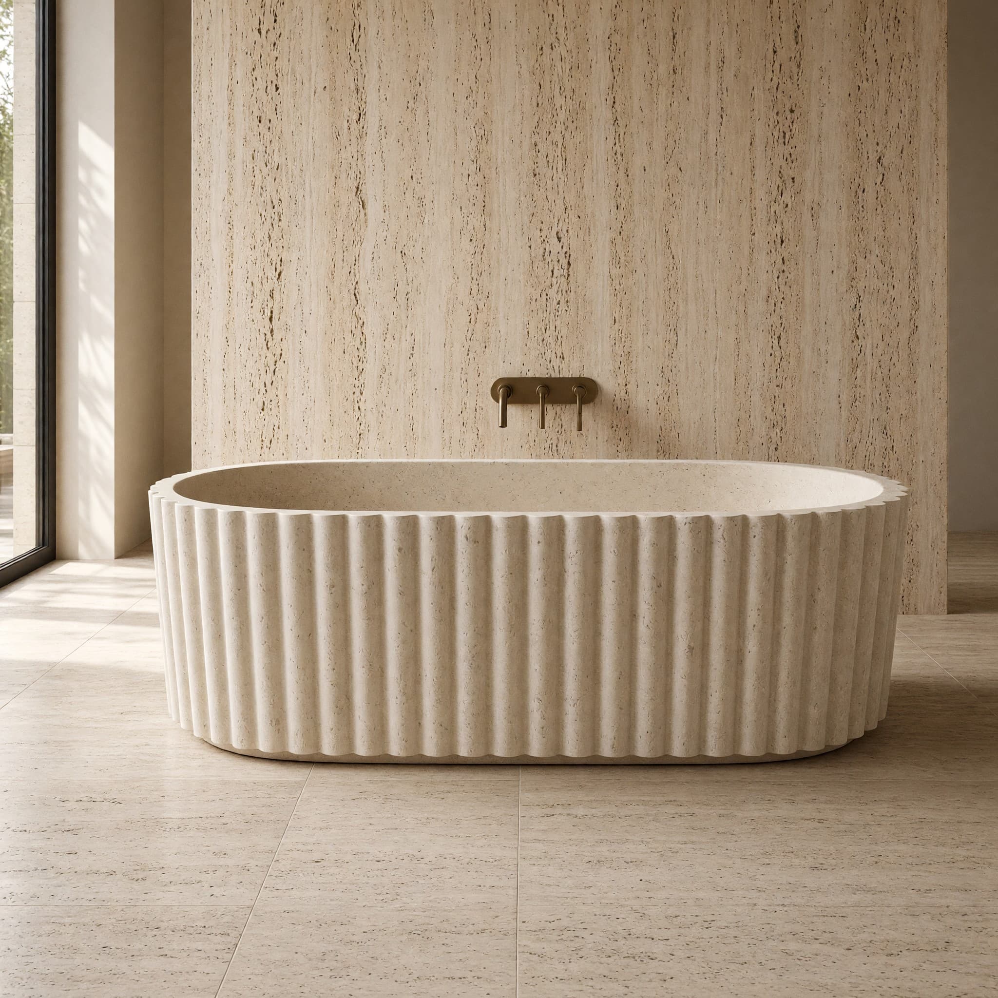Fluted Monolithic Travertine Freestanding Bathtub