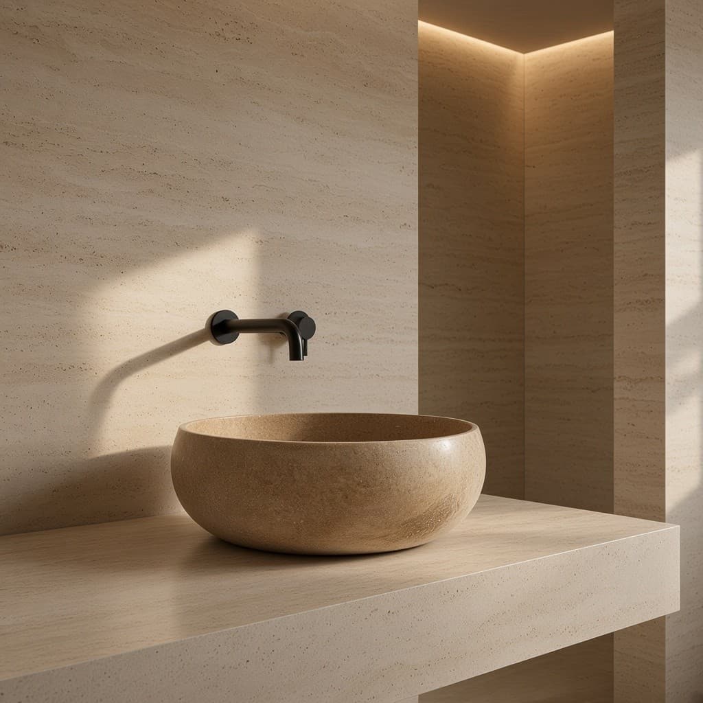 Beige Limestone Round Vessel Basin