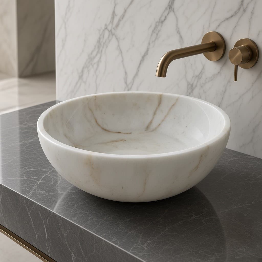 Afyon White Marble Round Vessel Basin