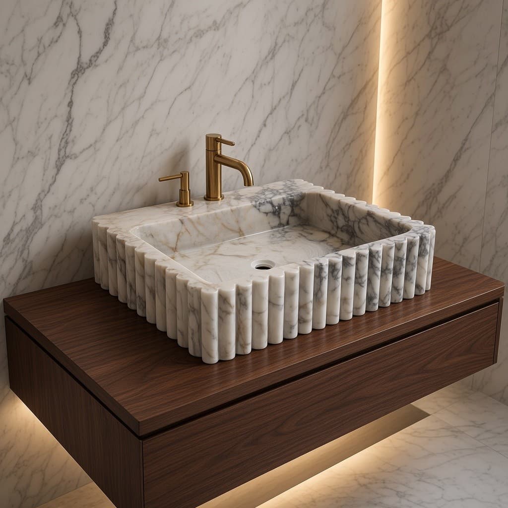Fluted Carrara White Marble Rectangular Basin