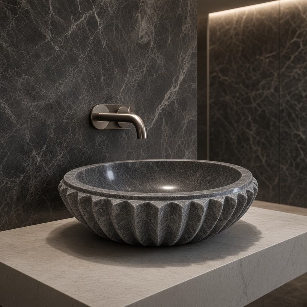 Carved Pietra Grey Marble Fluted Vessel Basin