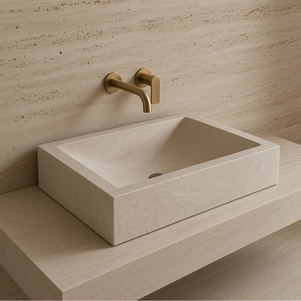 Beige Limestone Rectangular Vessel Basin