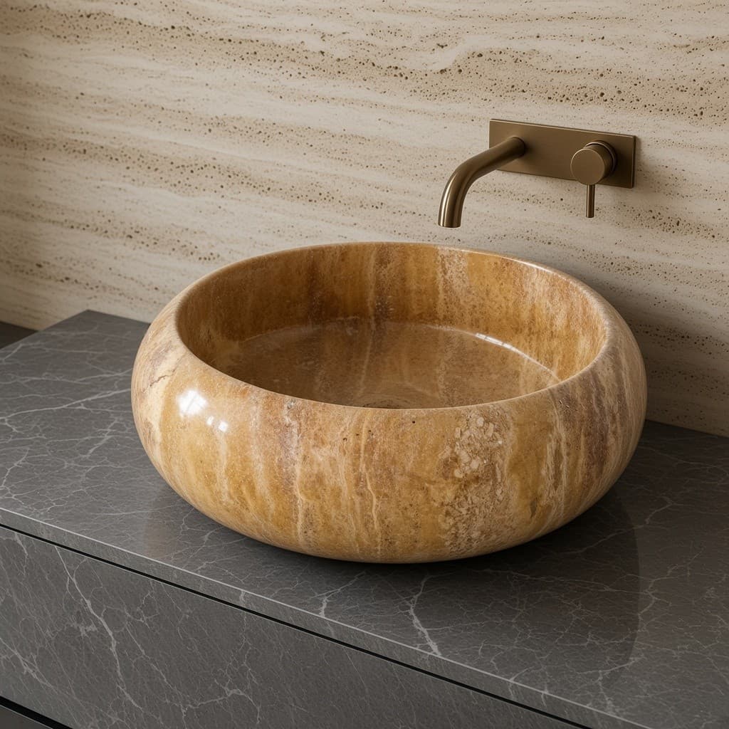 Honey Travertine Round Vessel Basin
