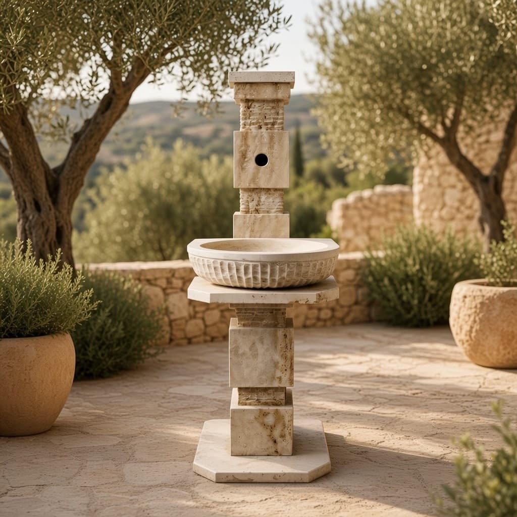 Sculptural Stacked Travertine Garden Fountain
