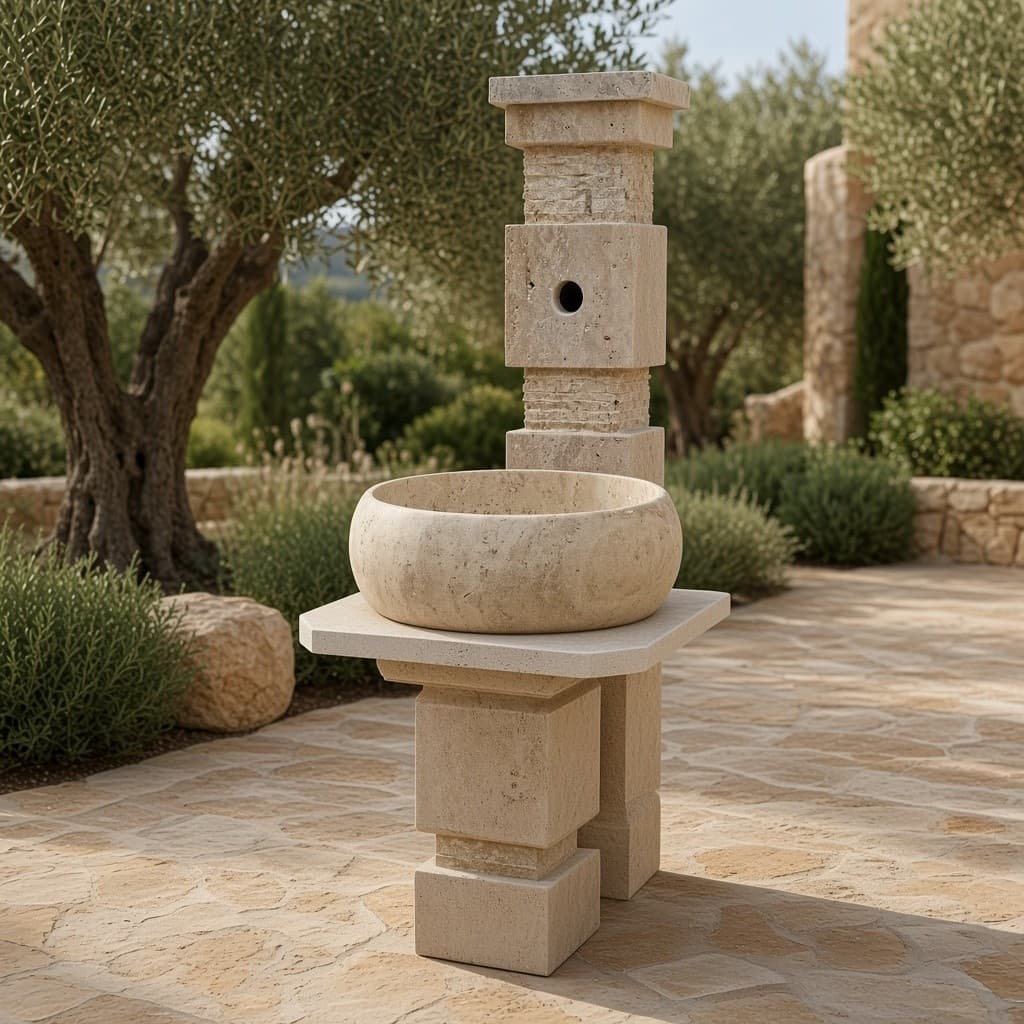 Sculptural Stacked Ivory Travertine Garden Fountain