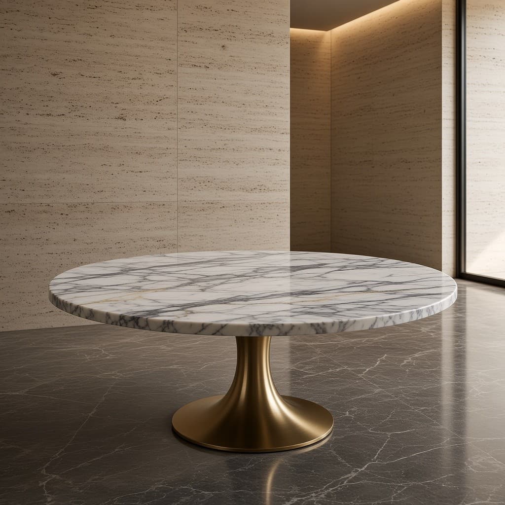 Calacatta White Marble Round Dining Table with Brass Base