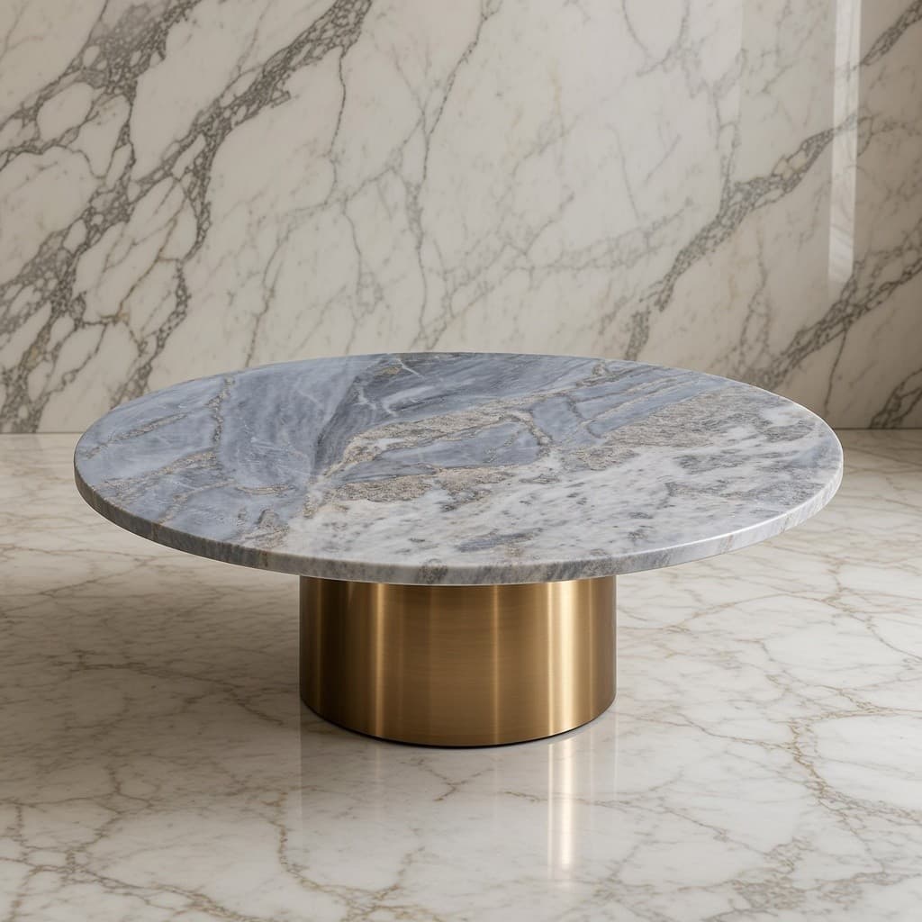 Blue-Grey Marble Round Coffee Table on Brass Drum