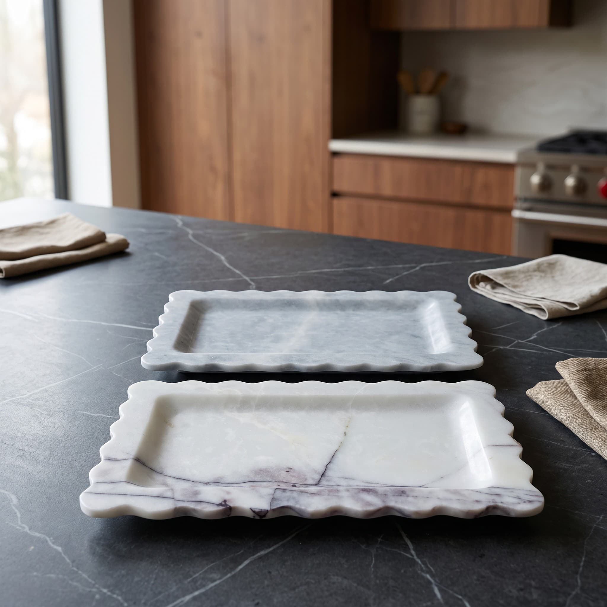 Afyon White Marble Scalloped Tray Duo