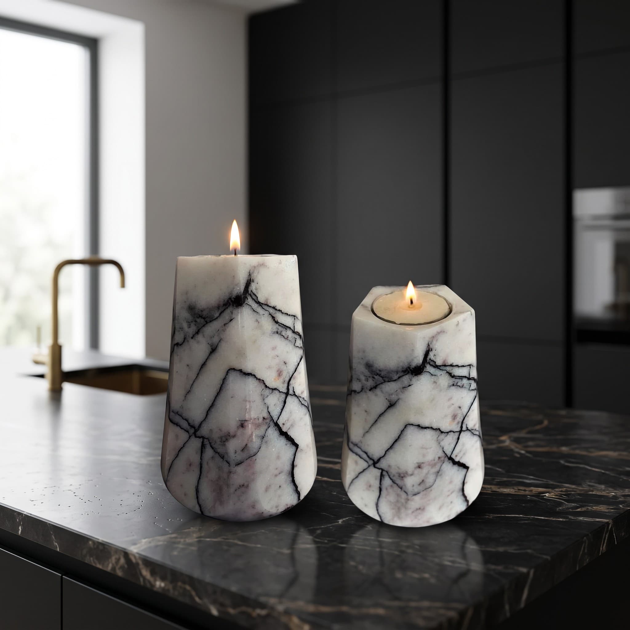 Milas Lilac Marble Pillar Candle Holder Duo