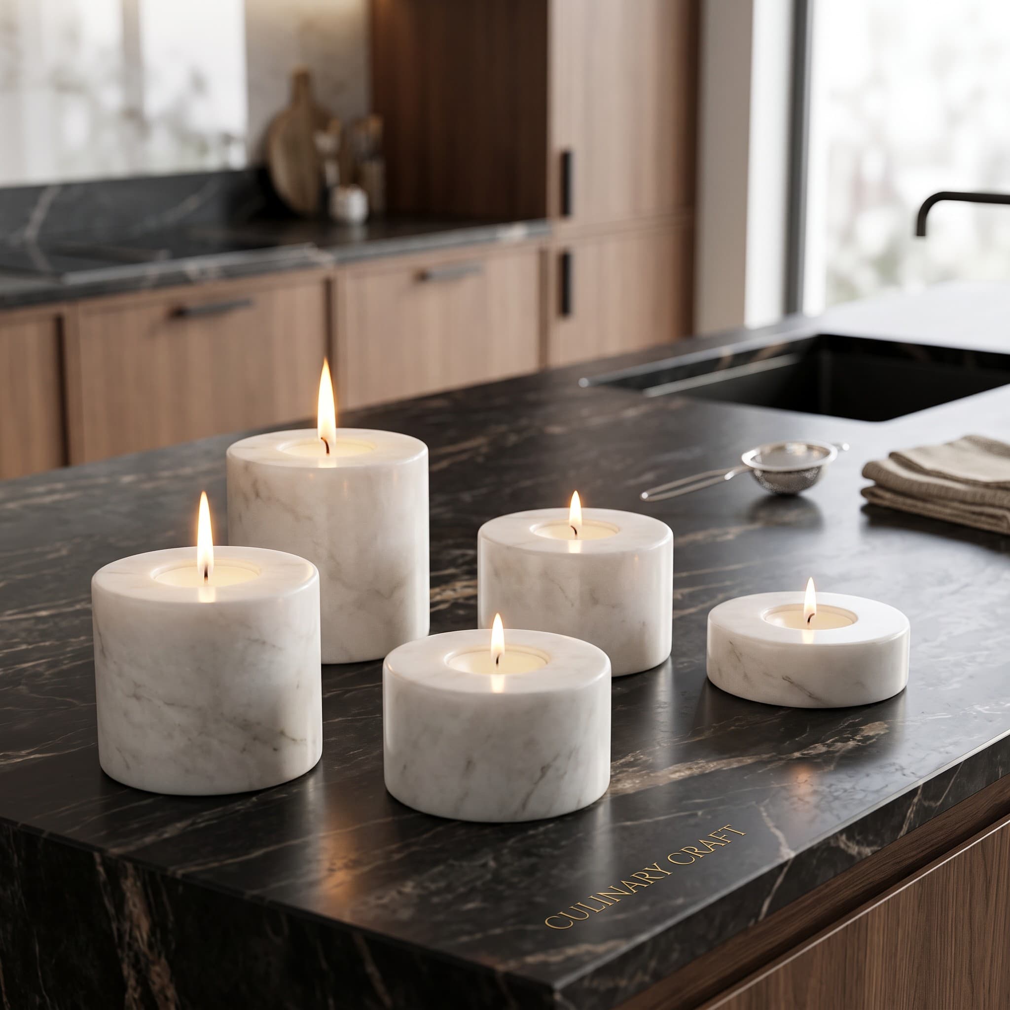 Afyon White Marble Round Candle Holder Set of Four
