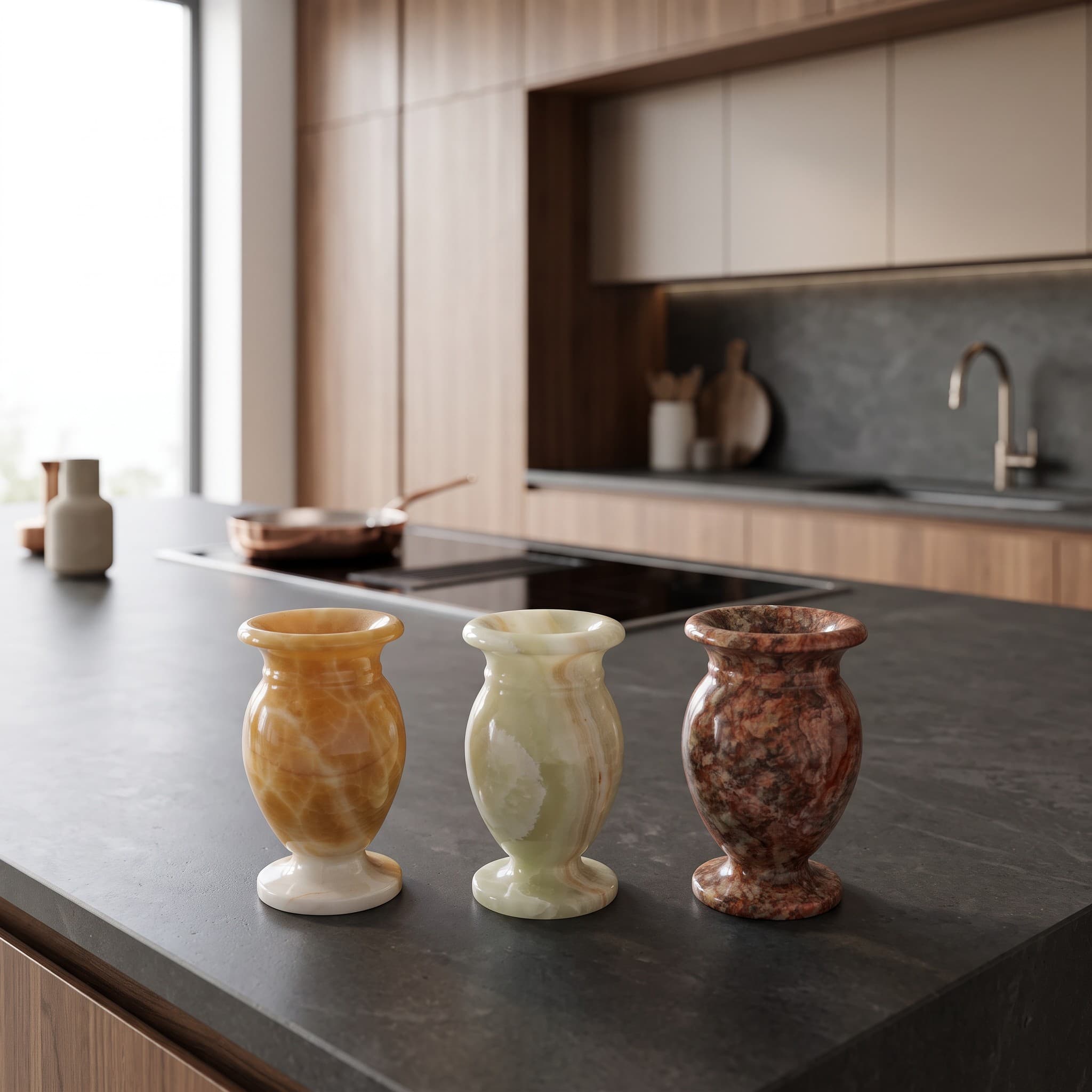 Trio of Onyx Goblet Vases