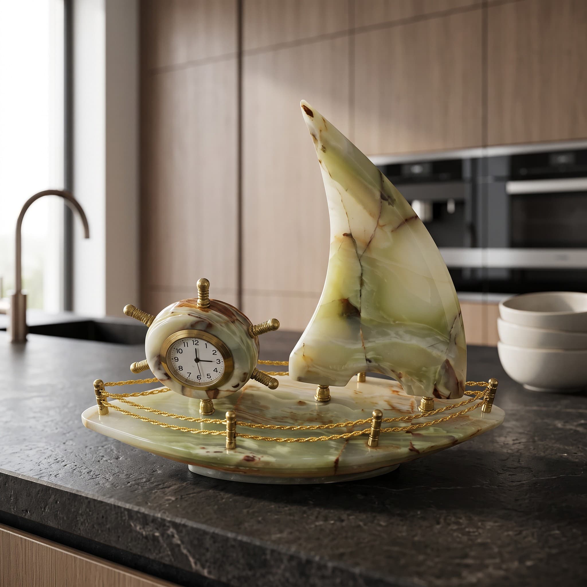 Green Onyx Sailboat Sculpture with Clock
