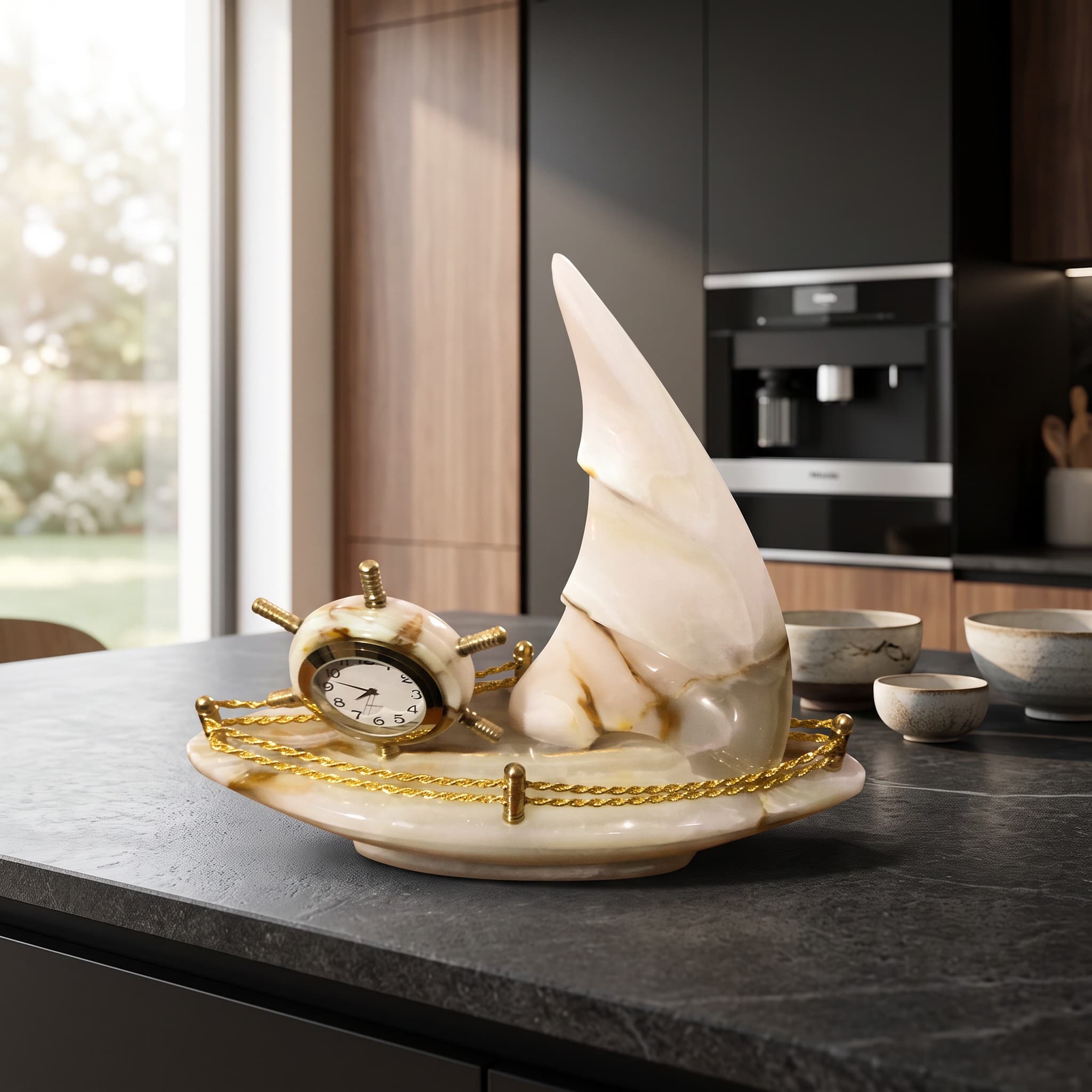 Afyon White Marble Sailboat Sculpture