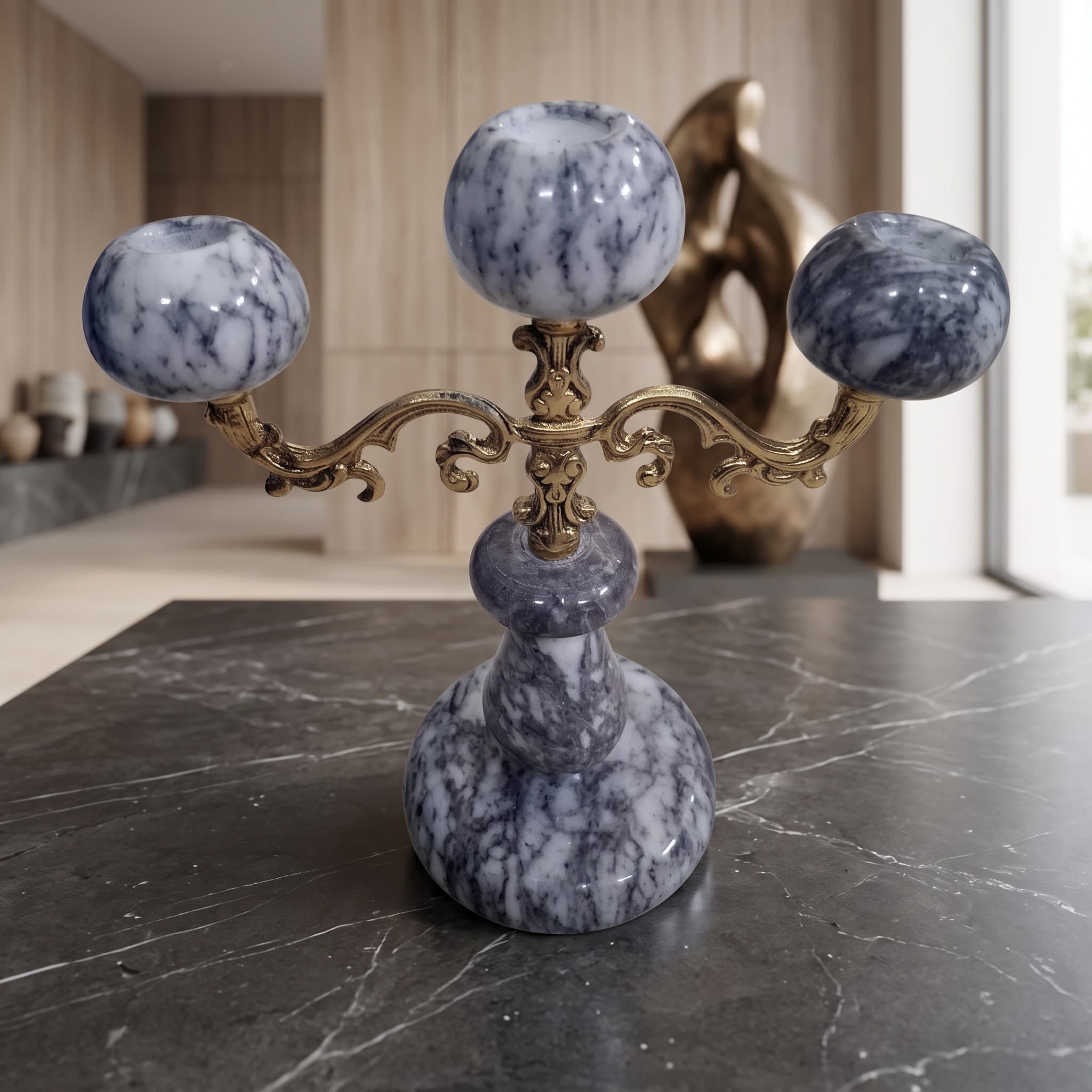 Blue-Grey Onyx Sphere Candelabra
