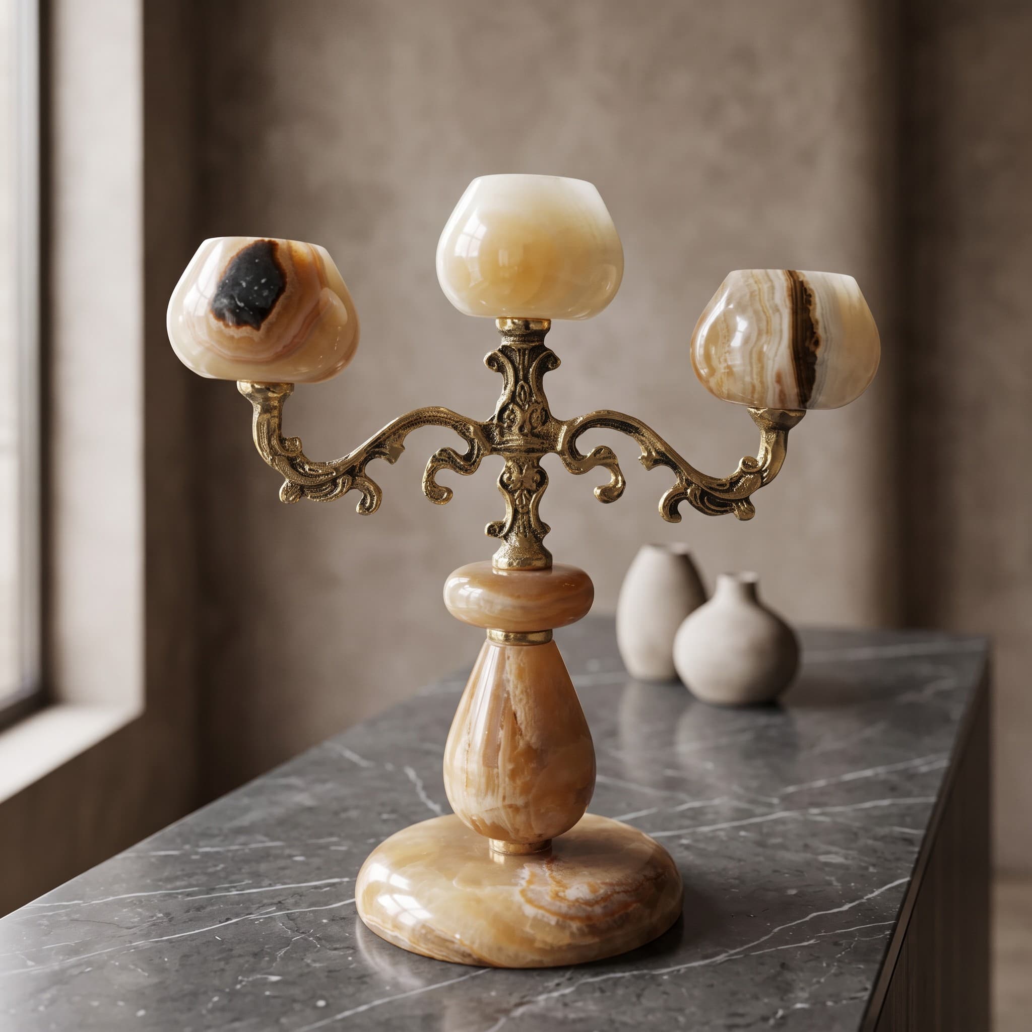 Brass & Honey Onyx Ornate Candelabra
