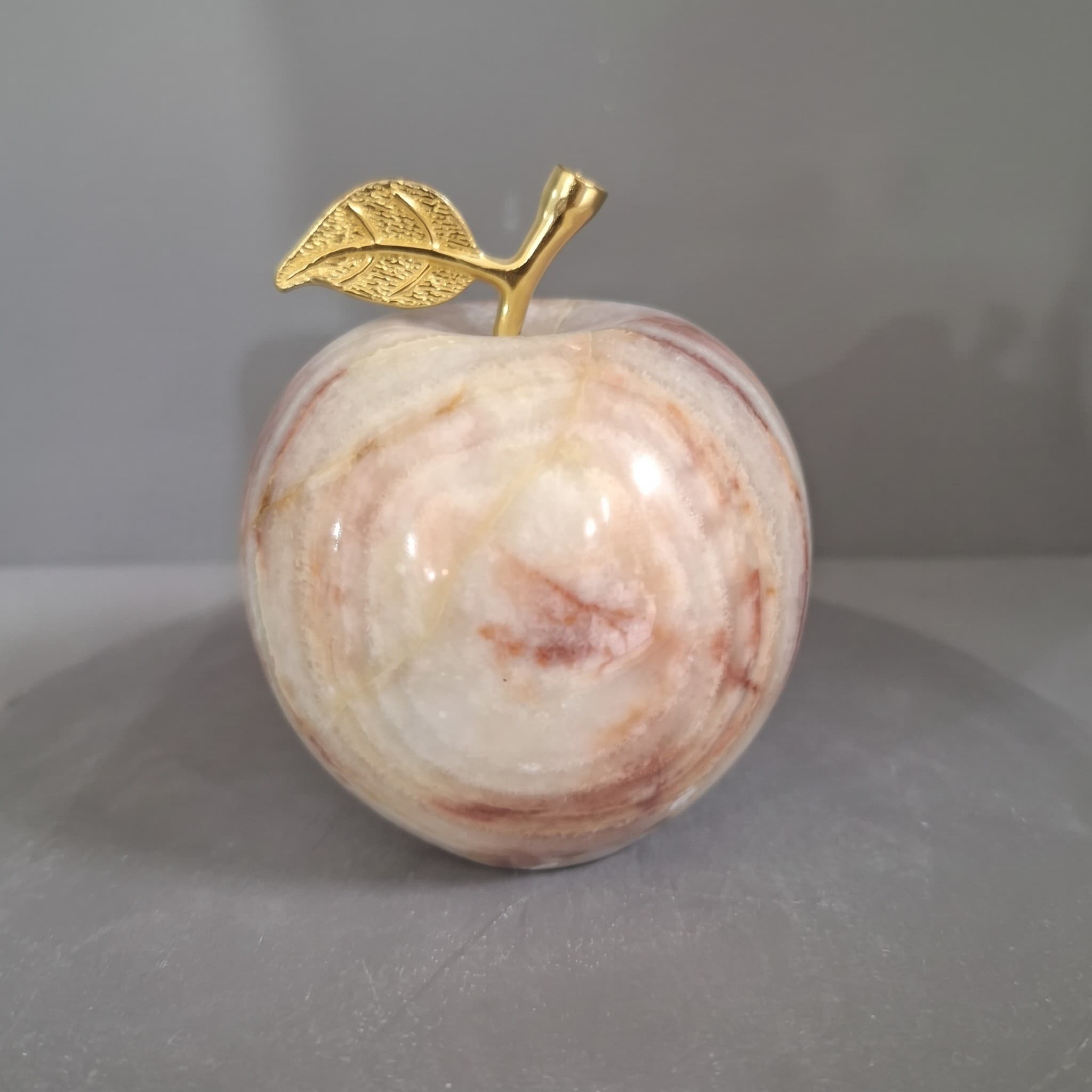 Pink Onyx Apple Sculpture with Brass Stem