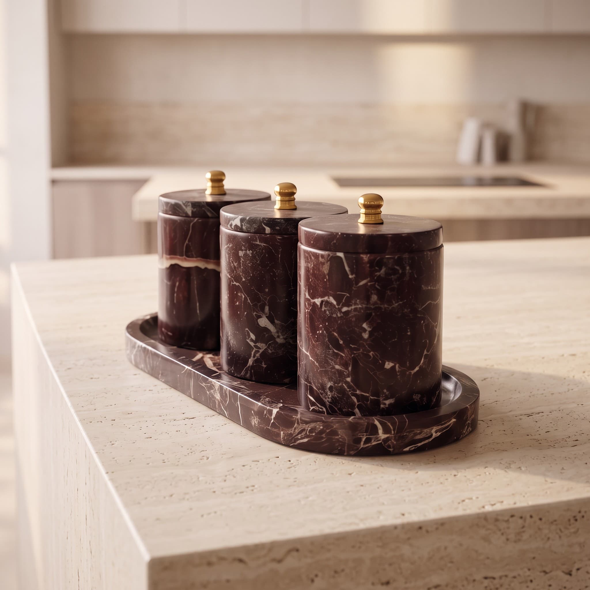 Burgundy Marble Canister Set with Brass Finials