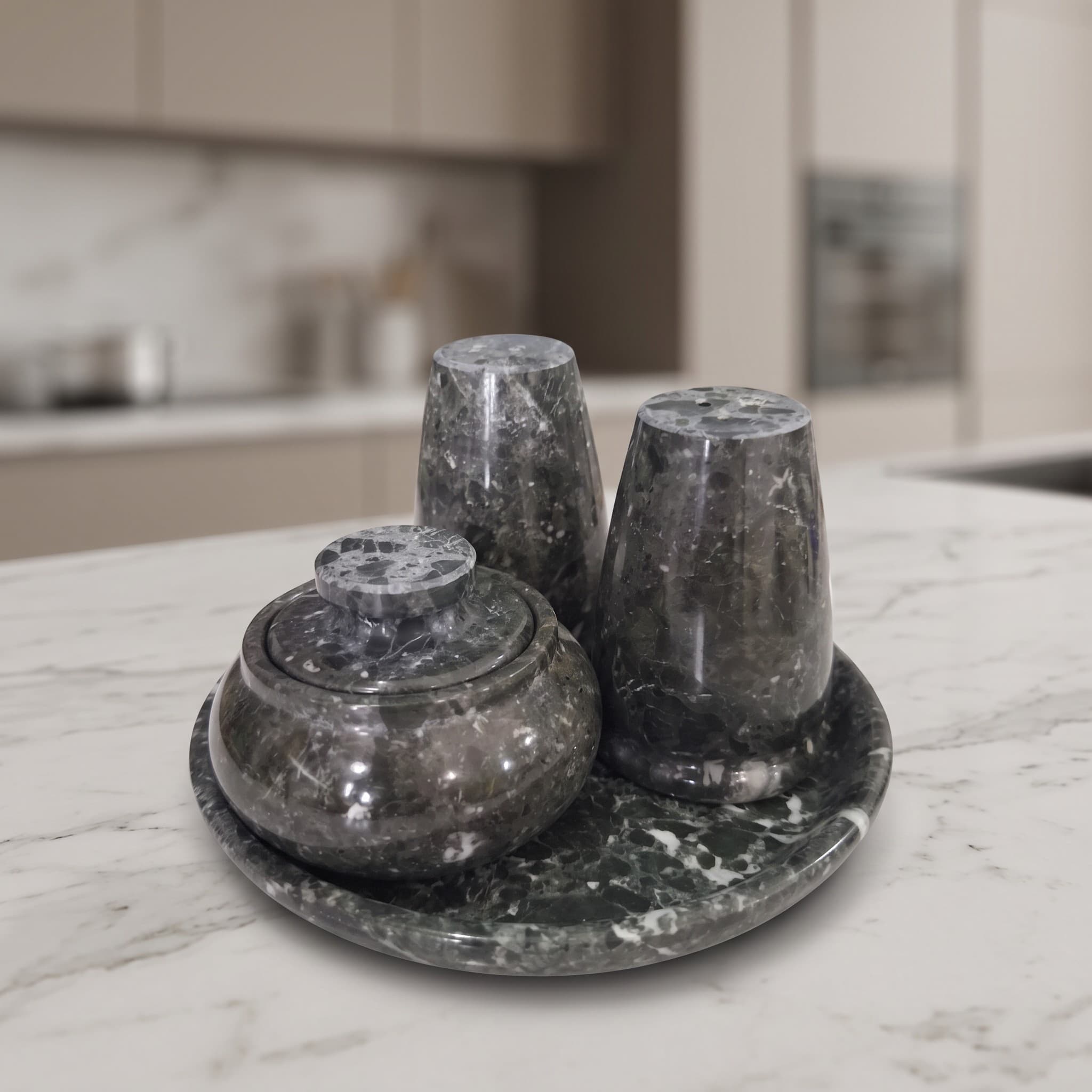 Deep Forest Breccia Marble Condiment Trio with Tray