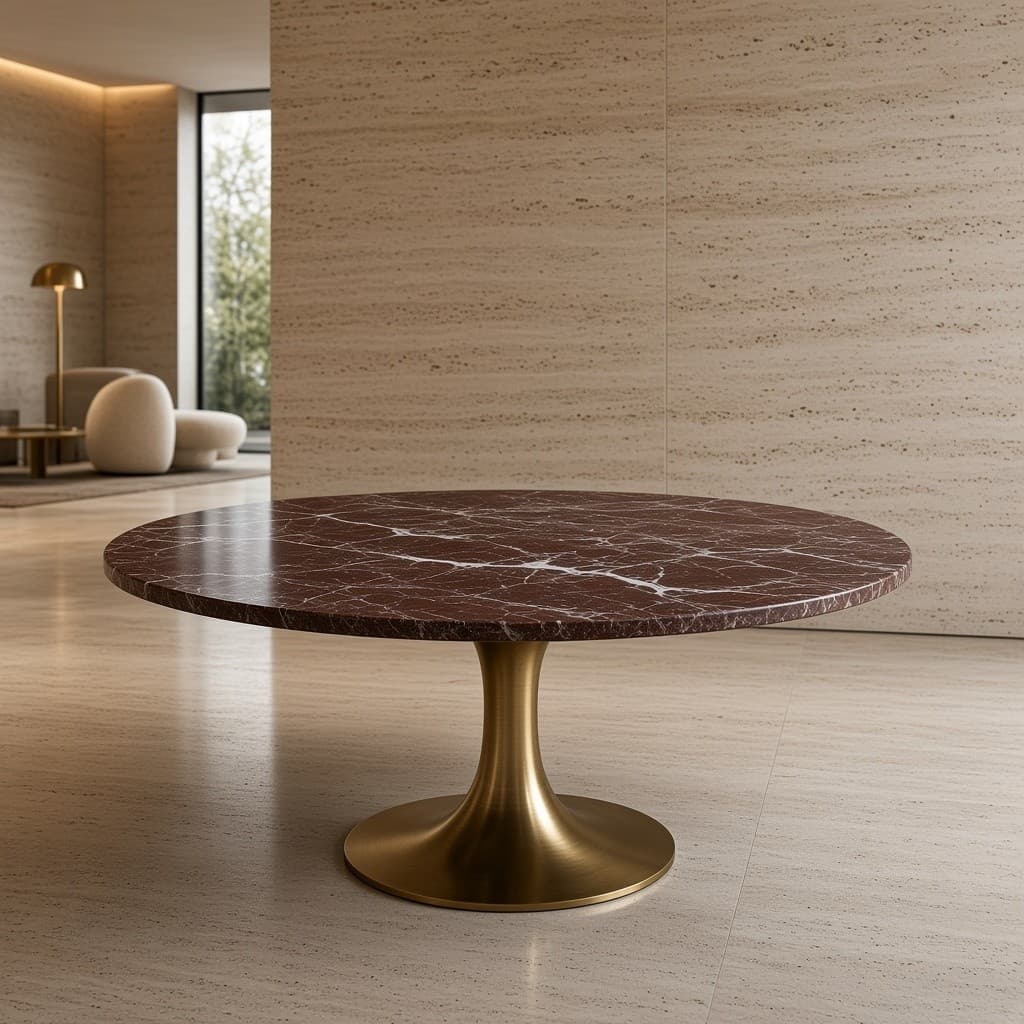 Rosso Levanto Round Dining Table with Brass Base