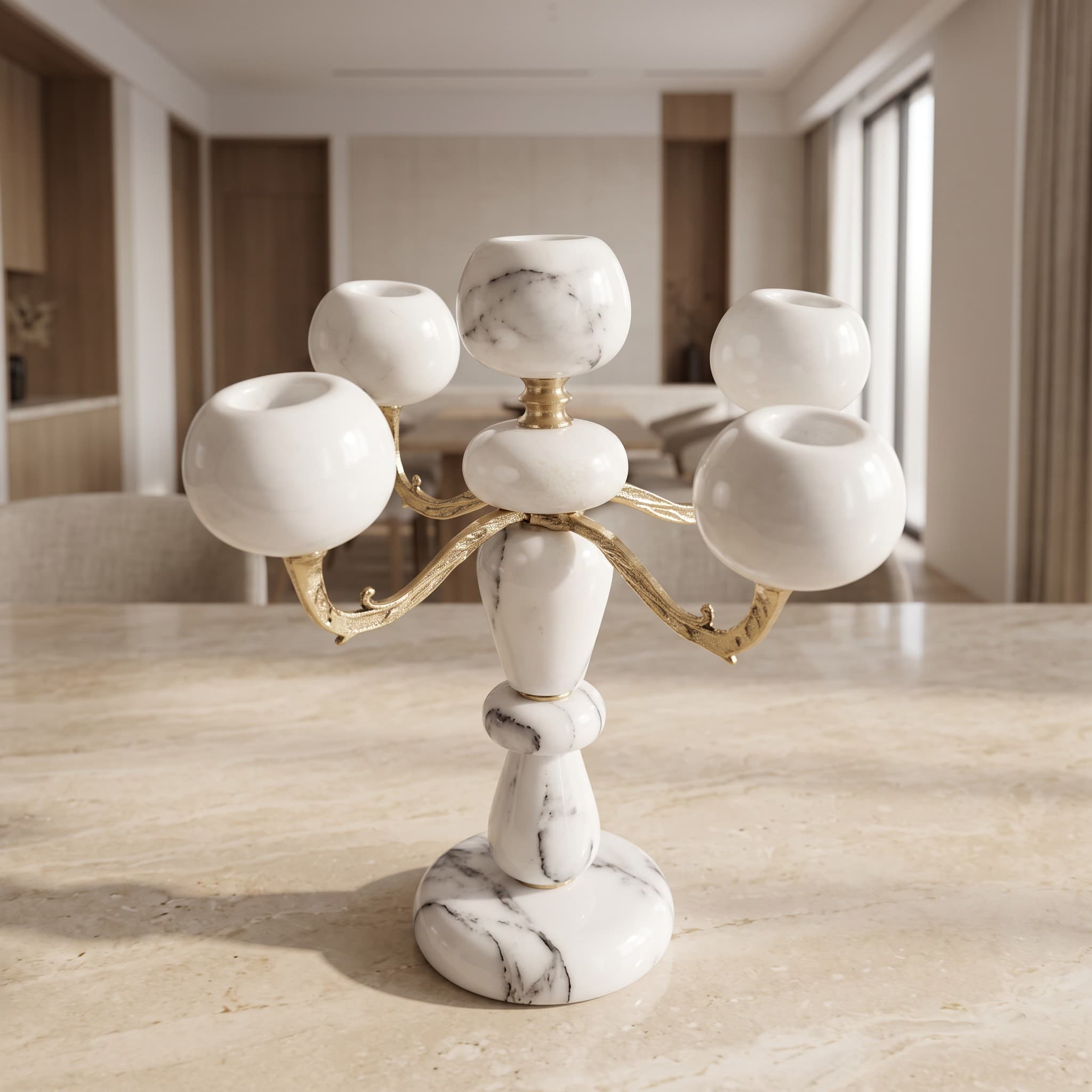 Afyon White Marble & Cast Brass 5-Arm Candelabra